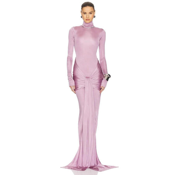 Helsa Slinky Jersey Ruched Sarong Maxi Dress Turtleneck Long purple Sz L $398 - Picture 3 of 12